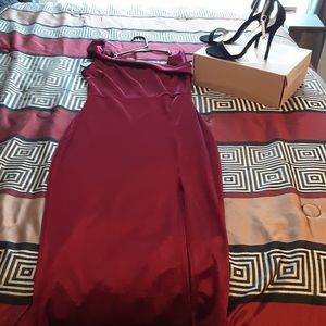 Half off the shoulder burgundy dress